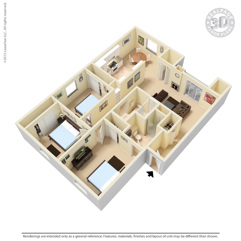 Floor plan for 3 beds, 2 baths, 1117 sqft